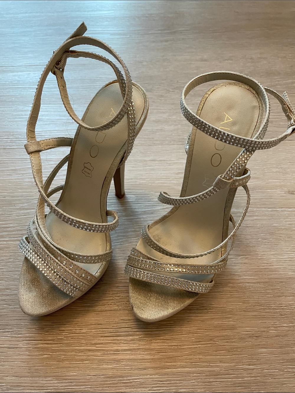 Aldo Champagne Sparkle Strappy High Heel Sandals